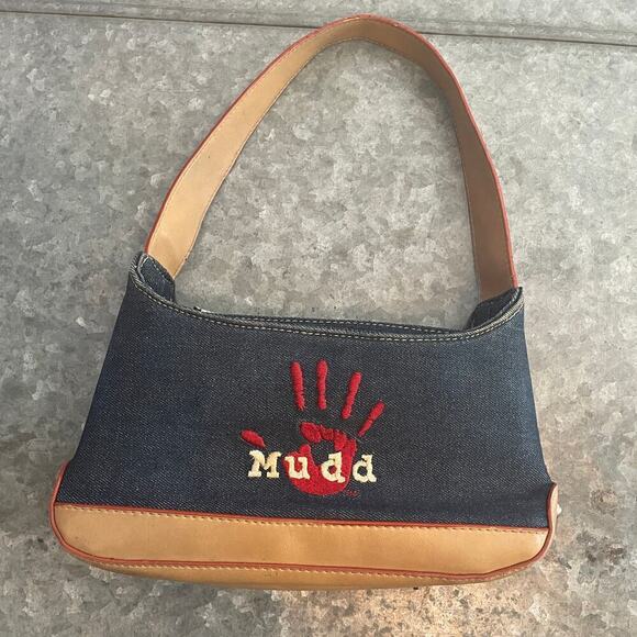 Vintage Mudd Denim Y2K Mini Shoulder Bag Purse Embroidered Handprint Jean 2000s - Picture 1 of 14